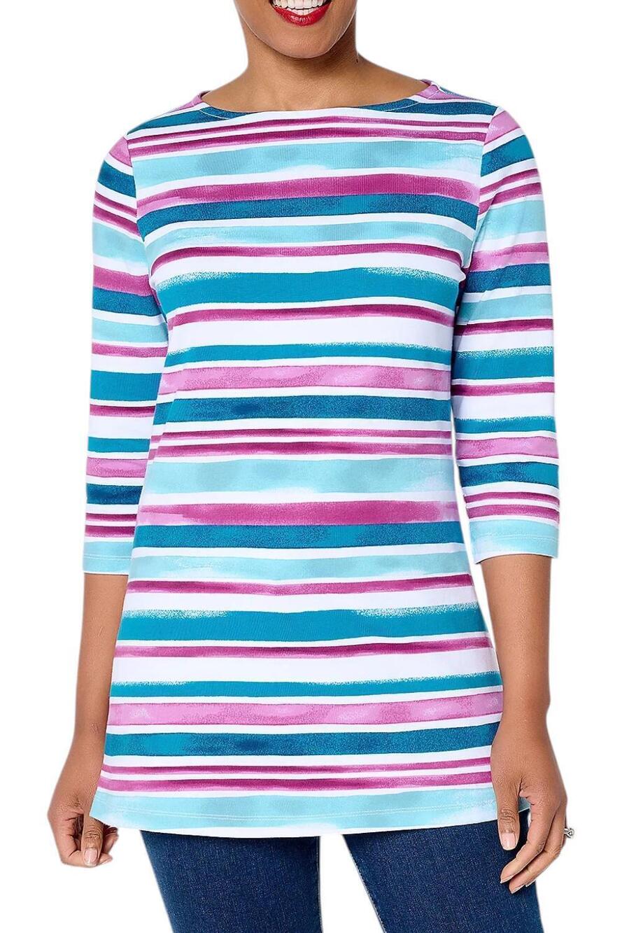 Denim & Co. Women's Perfect Jersey Watercolor Stripe Tunic Teal Multi - Regular